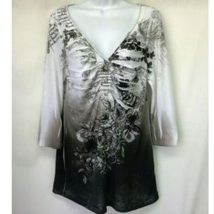 Just Kate Floral V Neck 3/4 Sleeve Jewel Buttons L